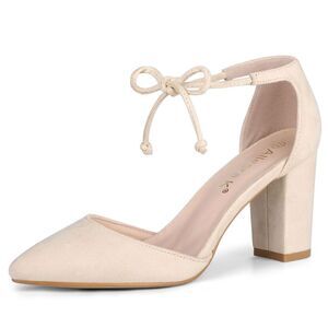 Ankle Tie Chunky Heel Beige Pointed Toe Dress Pumps